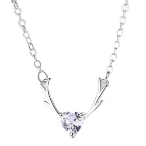 Antler with Heart-shape Zircon Silver Necklace for Women