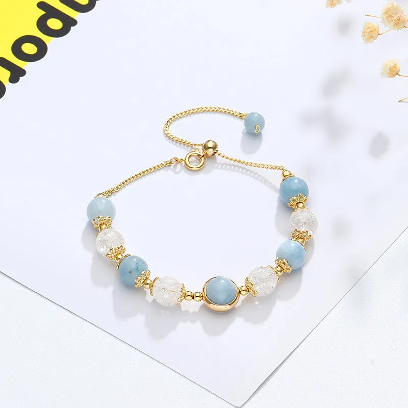 Aquamarine Crystal Popcorn Sliding Button Sterling Silver Bracelet