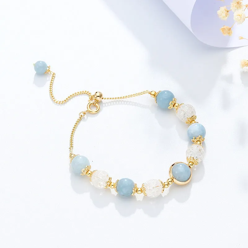 Aquamarine Crystal Popcorn Sliding Button Sterling Silver Bracelet