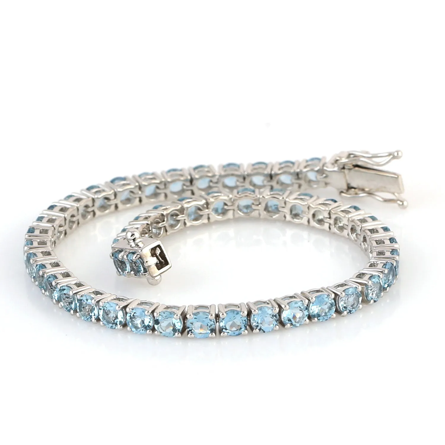 Aquamarine March Birthstone Prong Set Delicate Tennis Bracelet For Gift In 18k White Gold