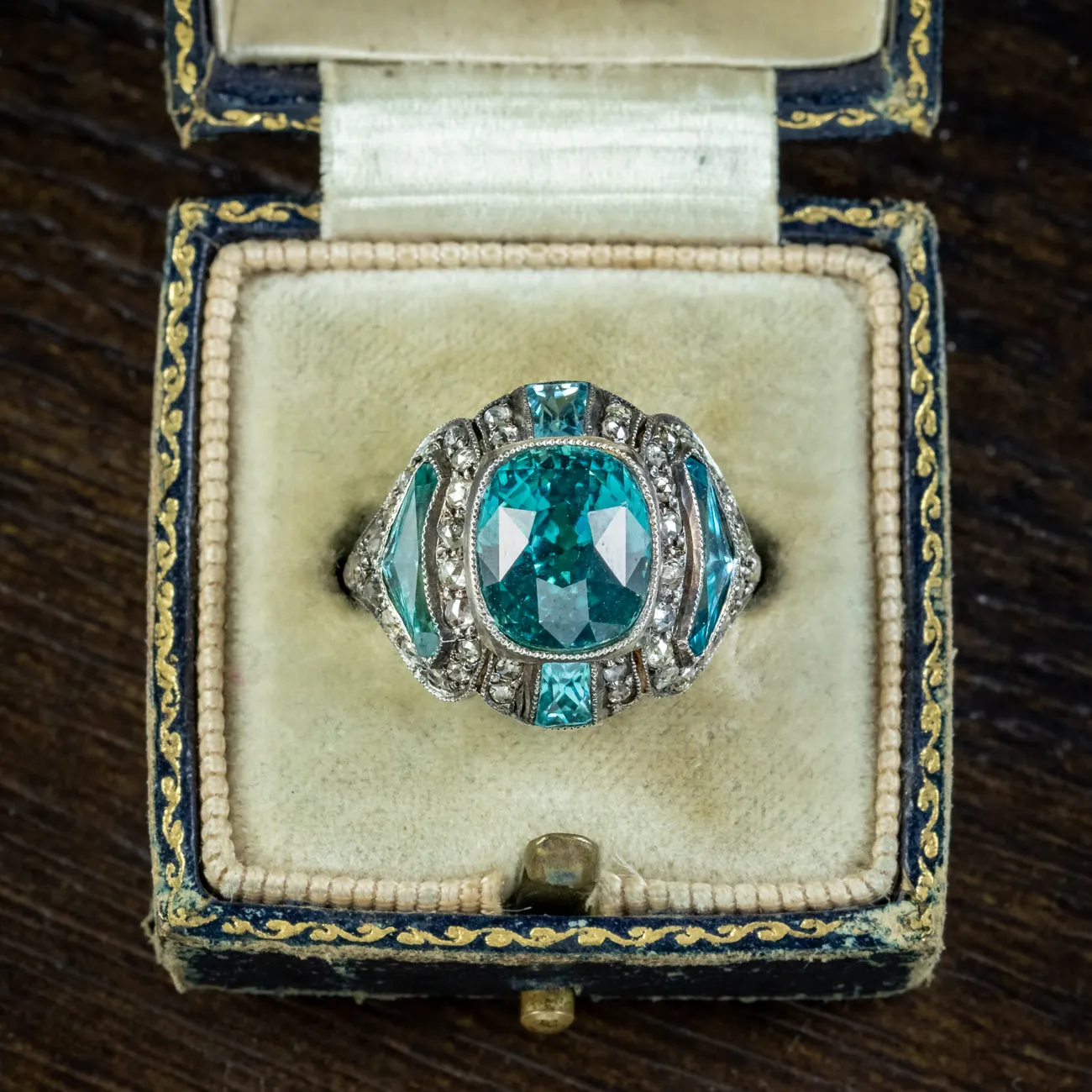 Art Deco Style Blue Zircon Diamond Ring 6ct Of Zircon