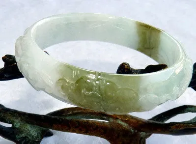 Auspicious Spiritual Carved Burmese Jadeite "Old Mine" Bangle Bracelet 57 mm (BB2901)