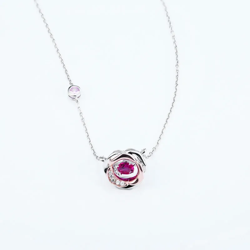 Barbie Pink Zircon Camellia Pendant Silver Necklace for Women