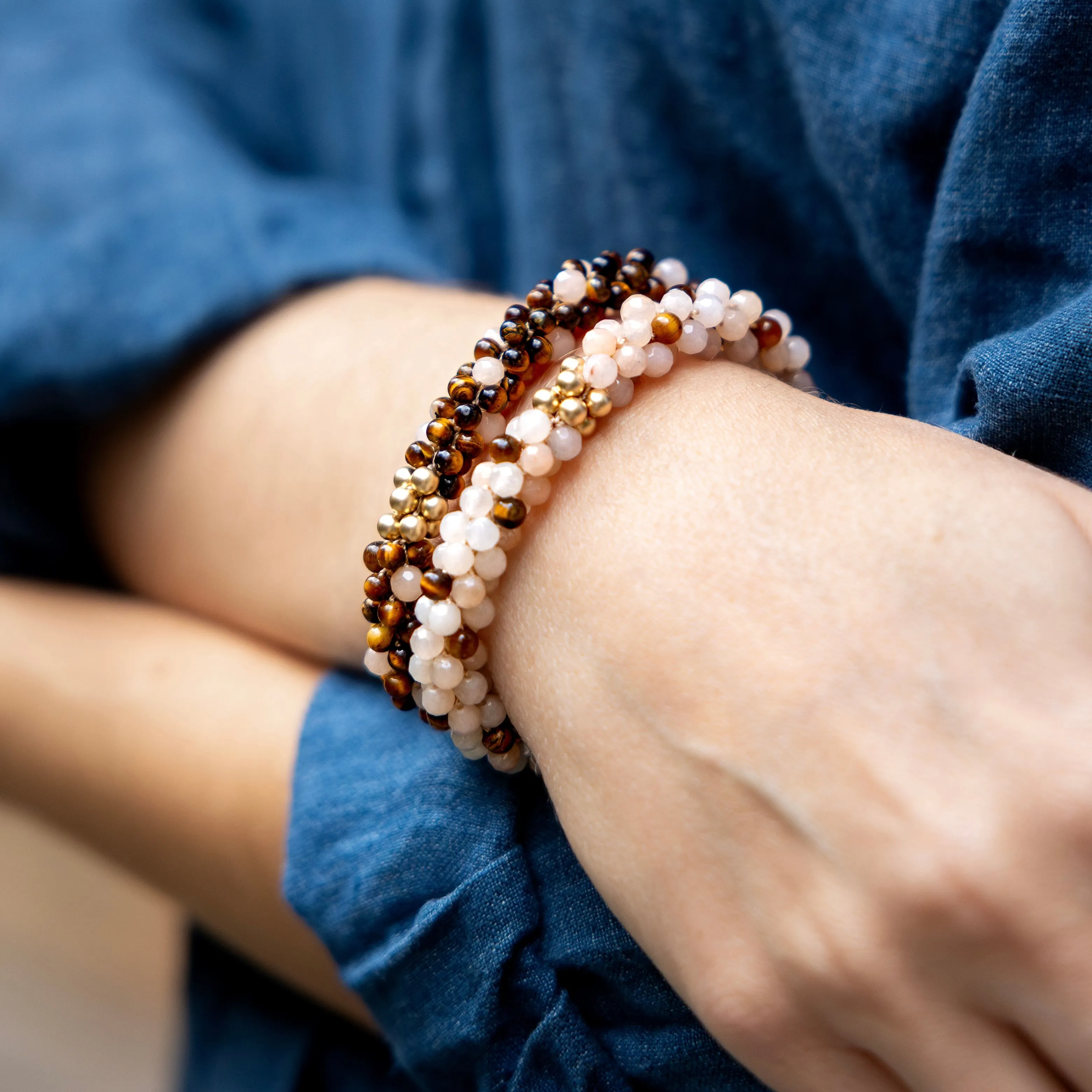 Beaded Gemstone Bracelets: Brown Polka Dots