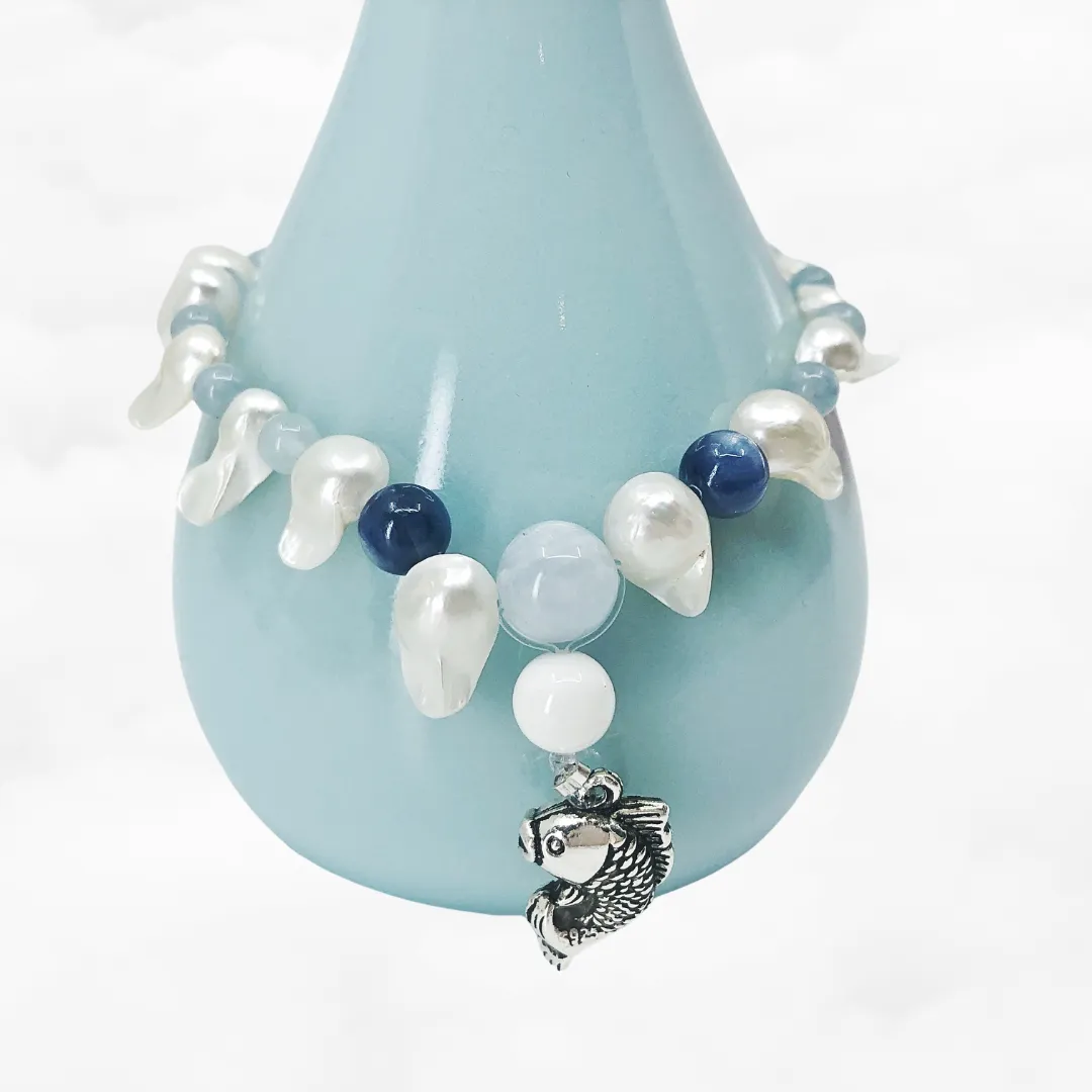 Beaded Pearl and Aquamarine Fish Bracelet