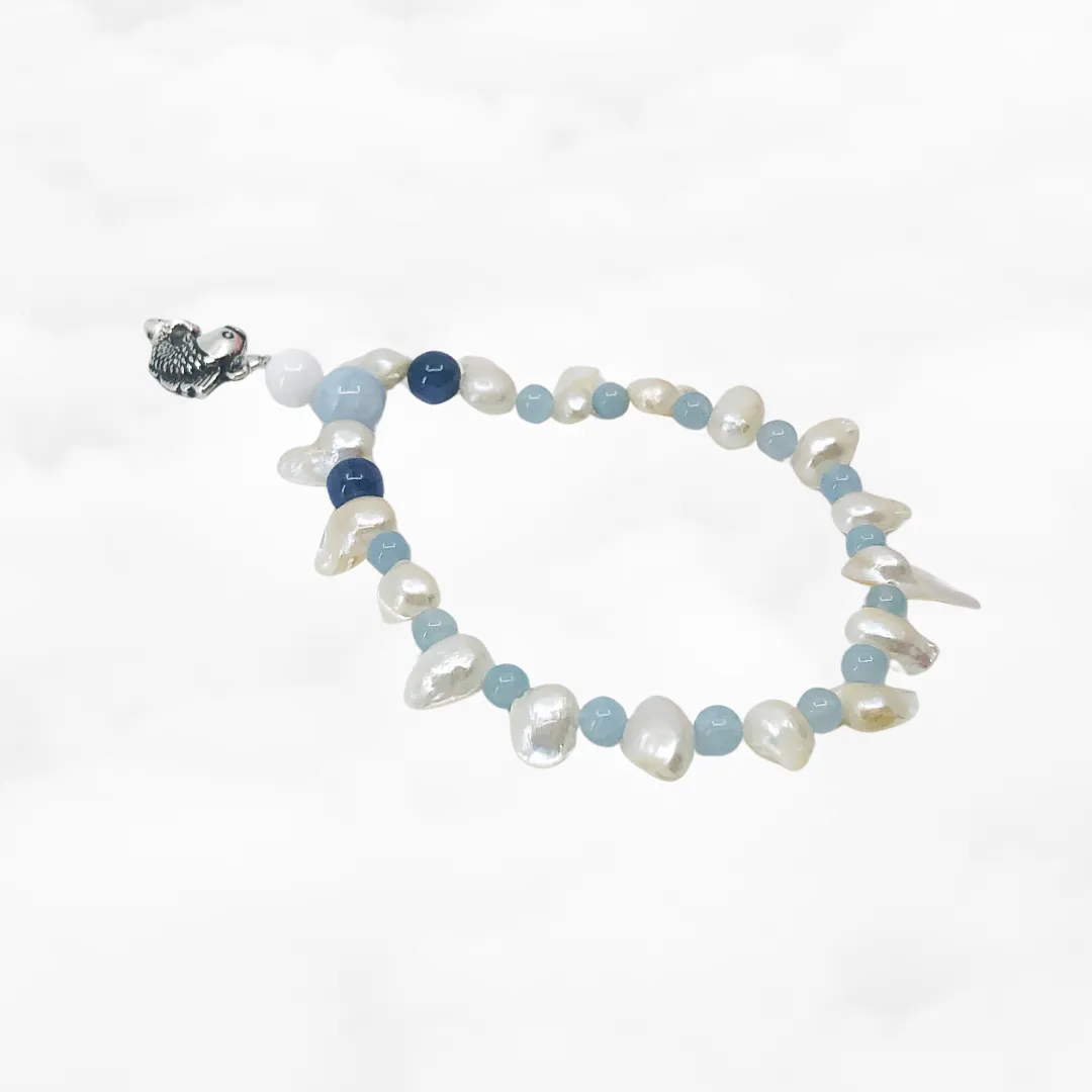 Beaded Pearl and Aquamarine Fish Bracelet