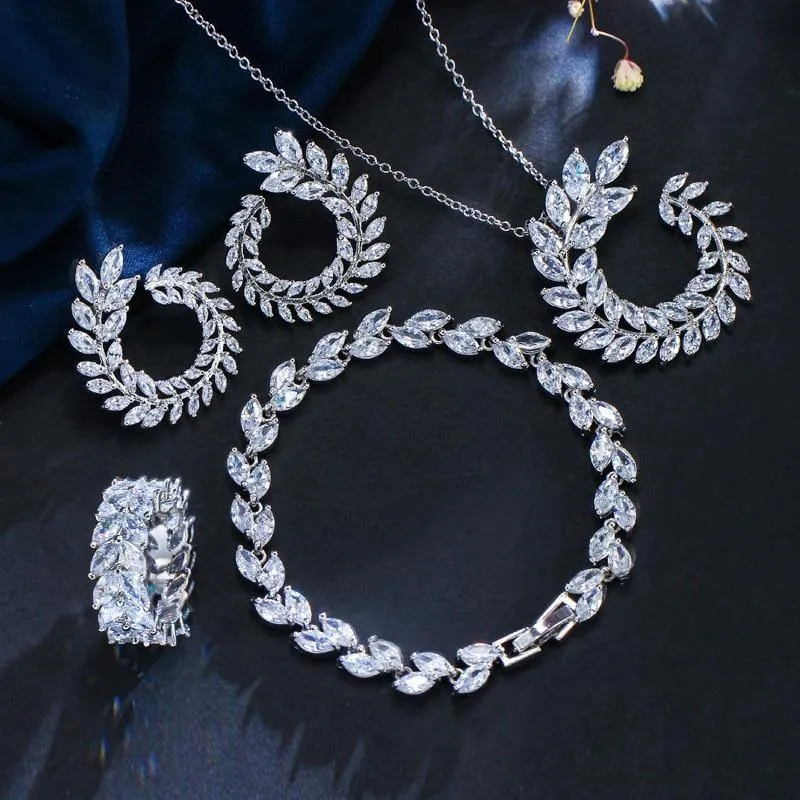 Beautiful Leaf Shape AAA  High Quality Cubic Zirconia Diamonds 4 Piece Bridal Wedding Jewelry Set