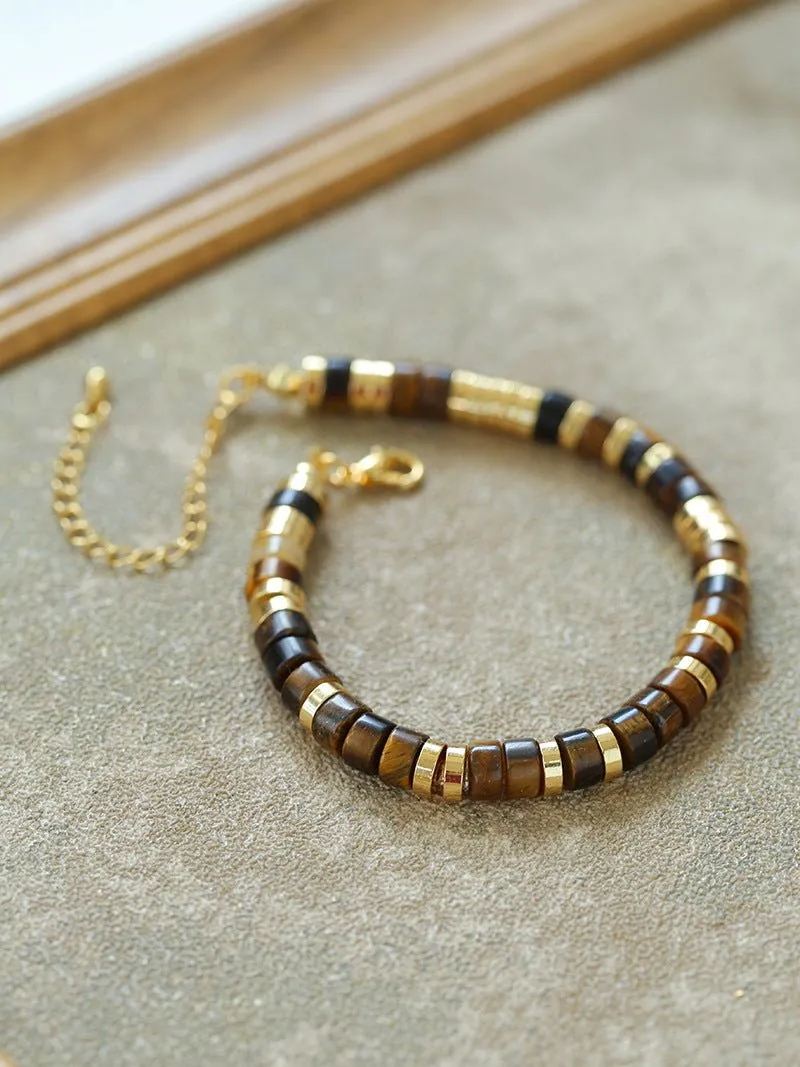 Black Agate Tiger Eye Mother of Pearls Vintage Disc Bracelet