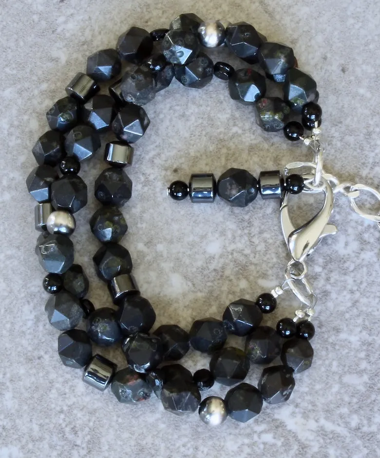 Black Plum Blossom Jasper Faceted Rounds 3-Strand Bracelet with Onyx, Hematite, Czech Nailheads and Sterling Silver