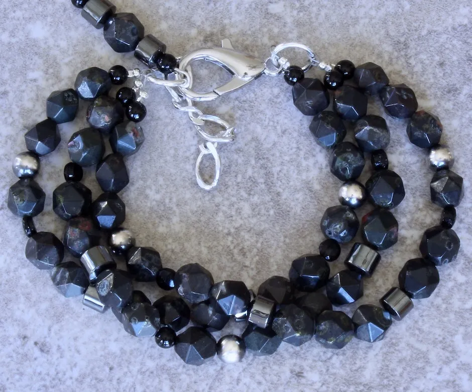 Black Plum Blossom Jasper Faceted Rounds 3-Strand Bracelet with Onyx, Hematite, Czech Nailheads and Sterling Silver