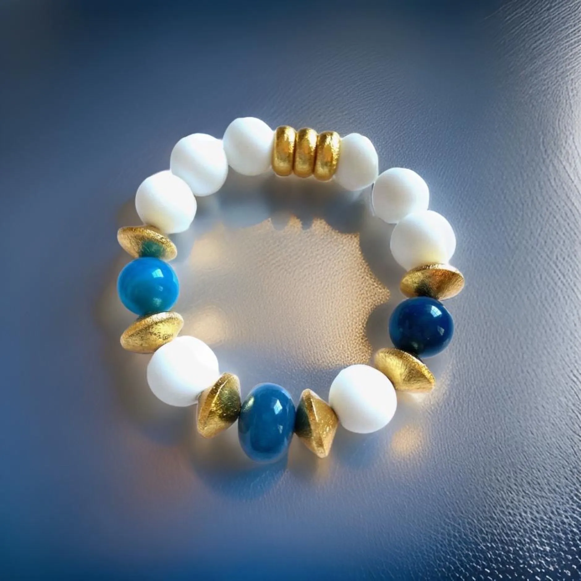 Blue Apatite and Alabaster Gemstone Gold Vermeil Beaded Bracelet