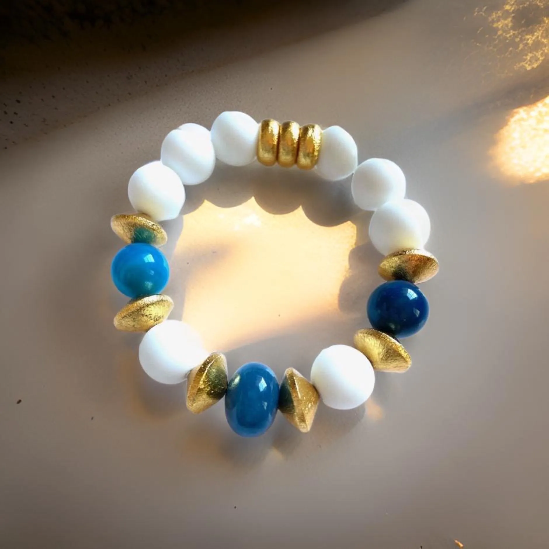 Blue Apatite and Alabaster Gemstone Gold Vermeil Beaded Bracelet