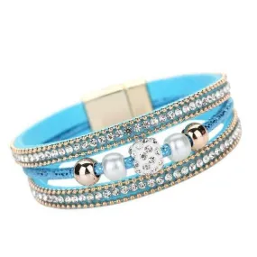 Blue Crystal Pearl Rhinestone Leather Magnetic Bracelet