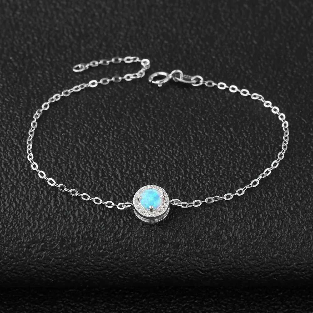 Blue Round Opal Zircon Soleste Halo Sterling Silver Bracelet