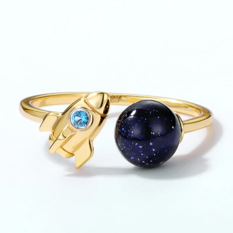 Blue Sandstone Planet Blue Zircon Rocket Opening Sterling Silver Ring