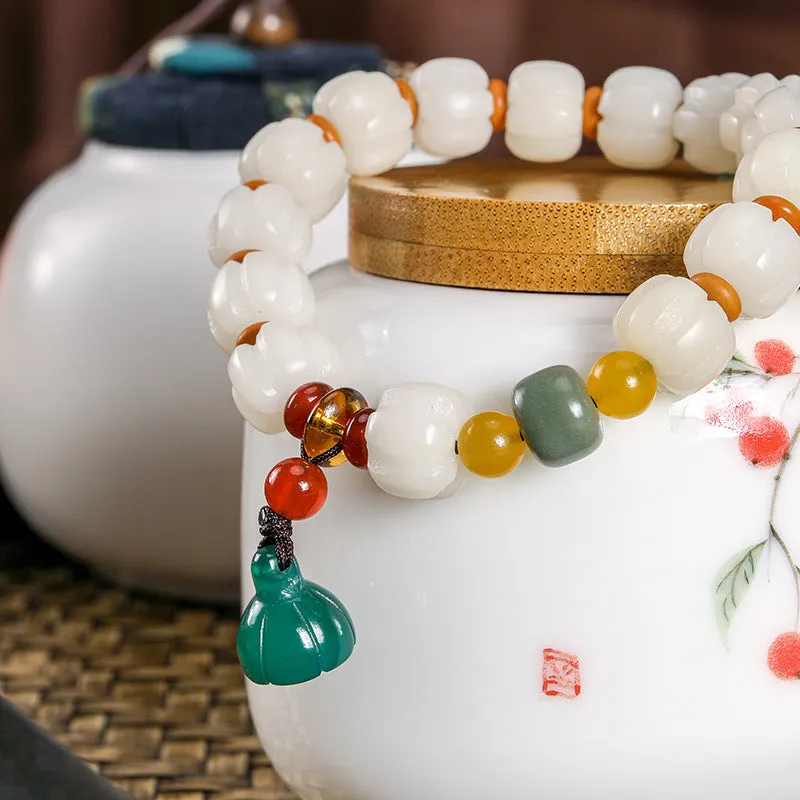 Bodhi Pumpkin Bead and White Jade Bracelet with Sterling Silver Accent - Unisex Zen Accessory