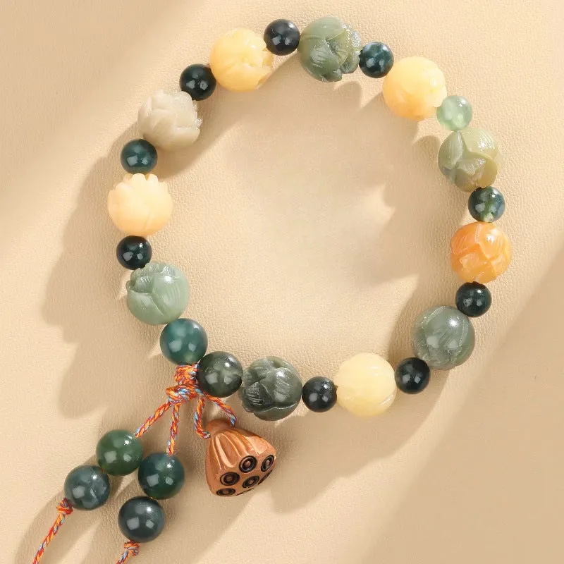 Bodhi Root and Agate Wealth Bracelet with White Jade for Safekeeping