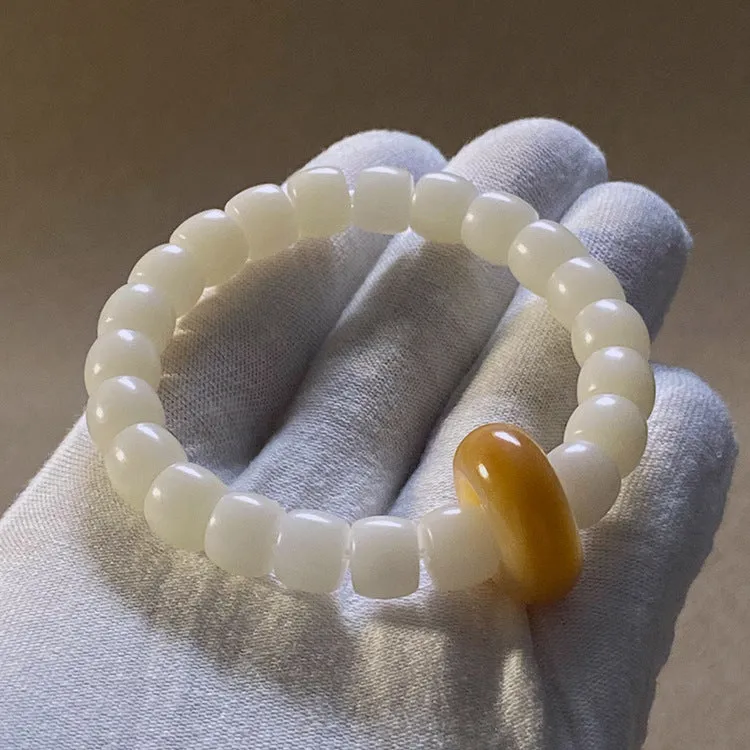 Bodhi Root Bracelet with White Jade Beads for Men and Women