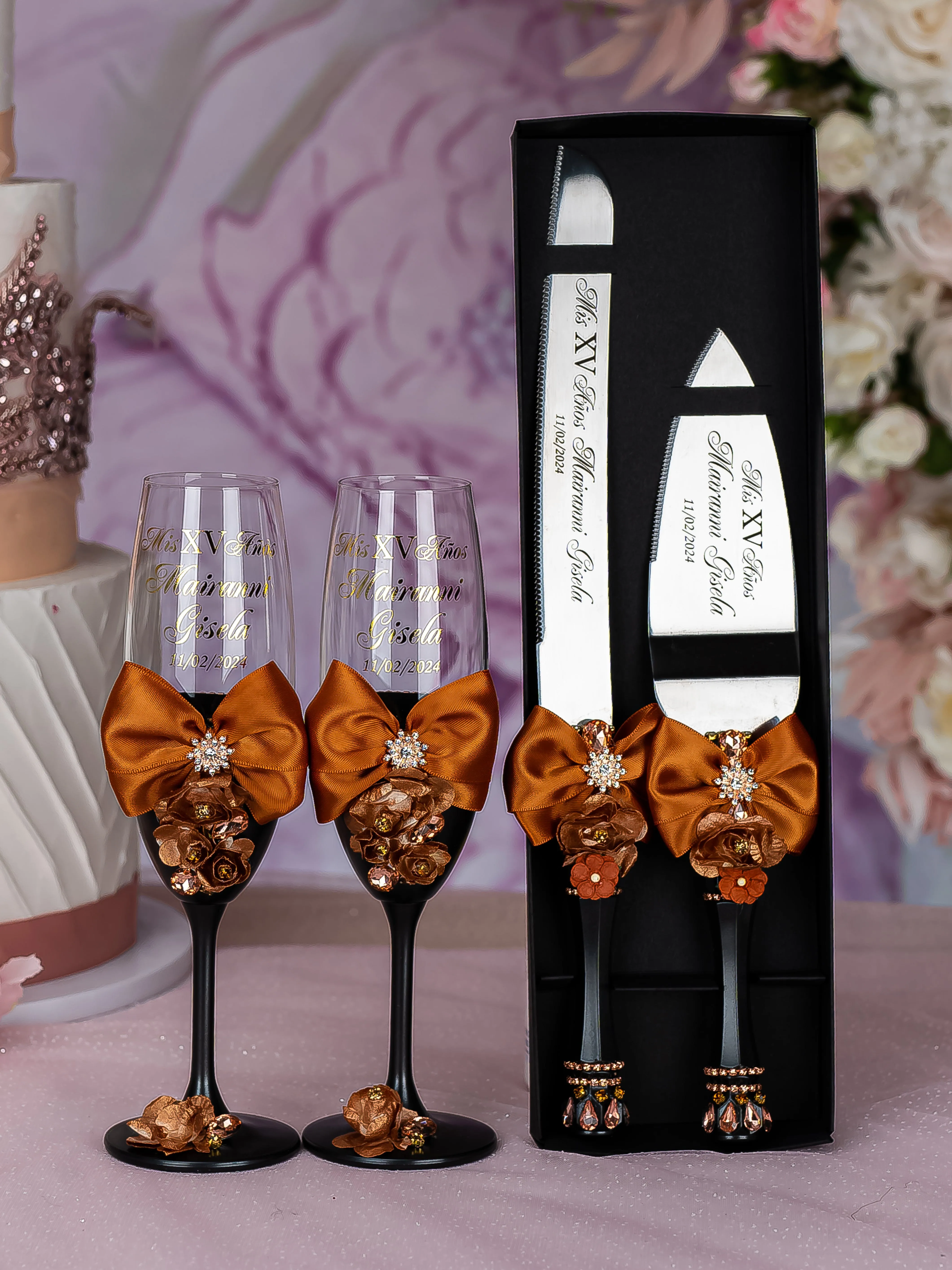 Boho quinceanera cake knife set with 2 glasses