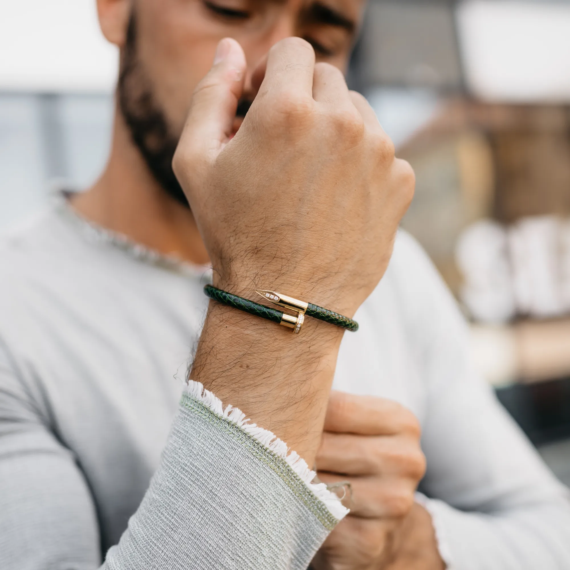 Bracelet - Green Leather with Golden Nail and Zircon