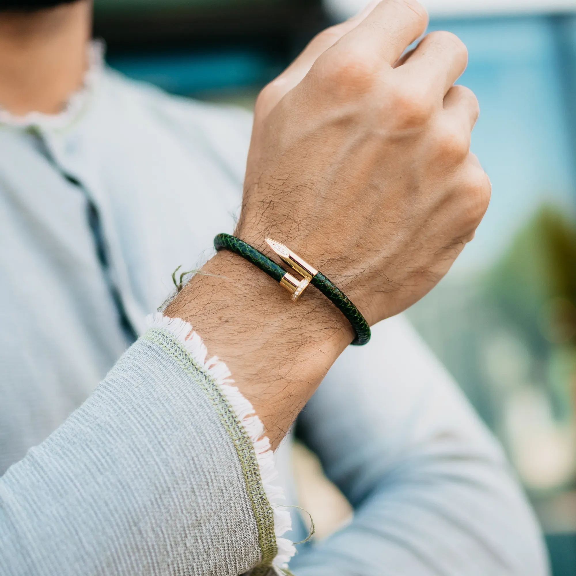 Bracelet - Green Leather with Golden Nail and Zircon