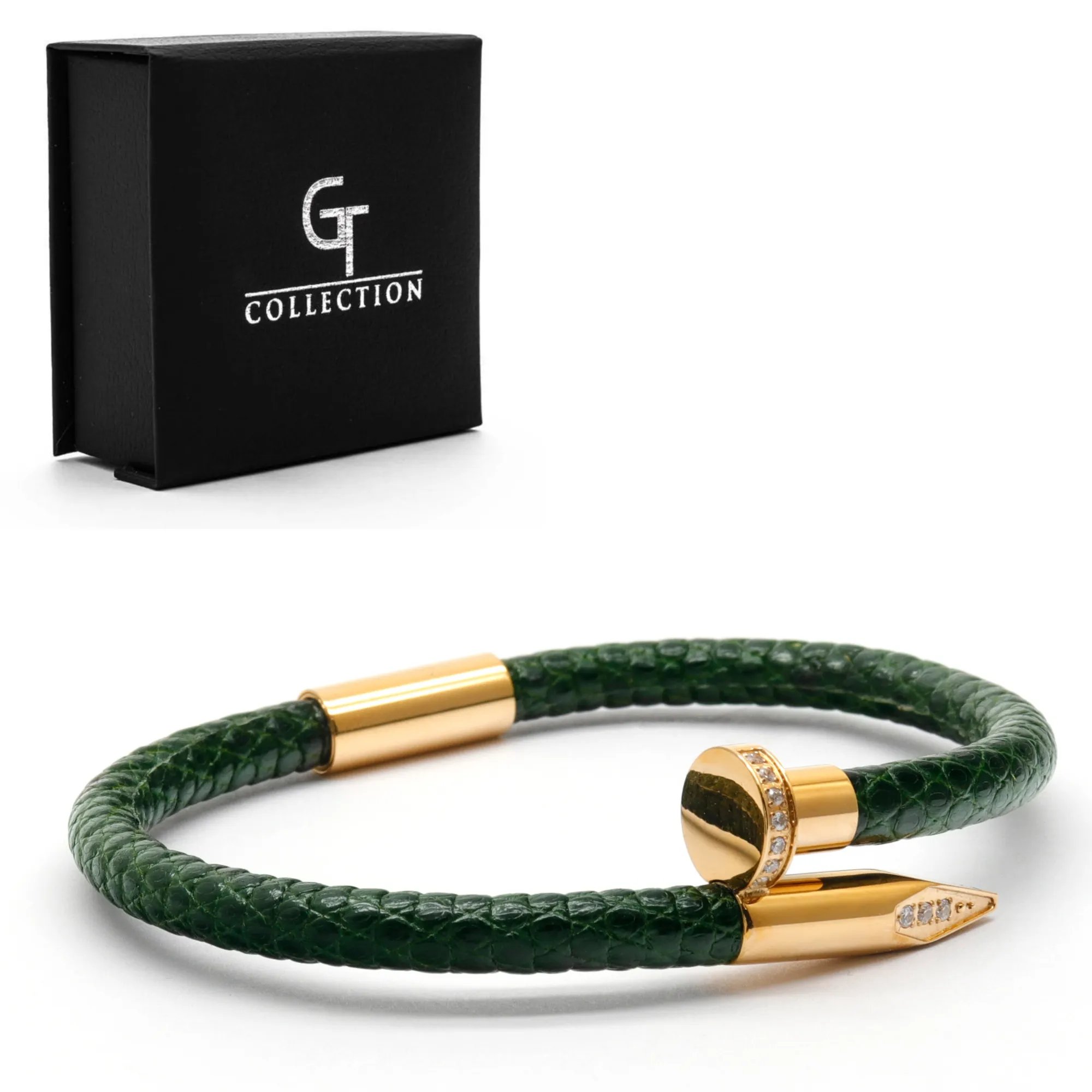 Bracelet - Green Leather with Golden Nail and Zircon