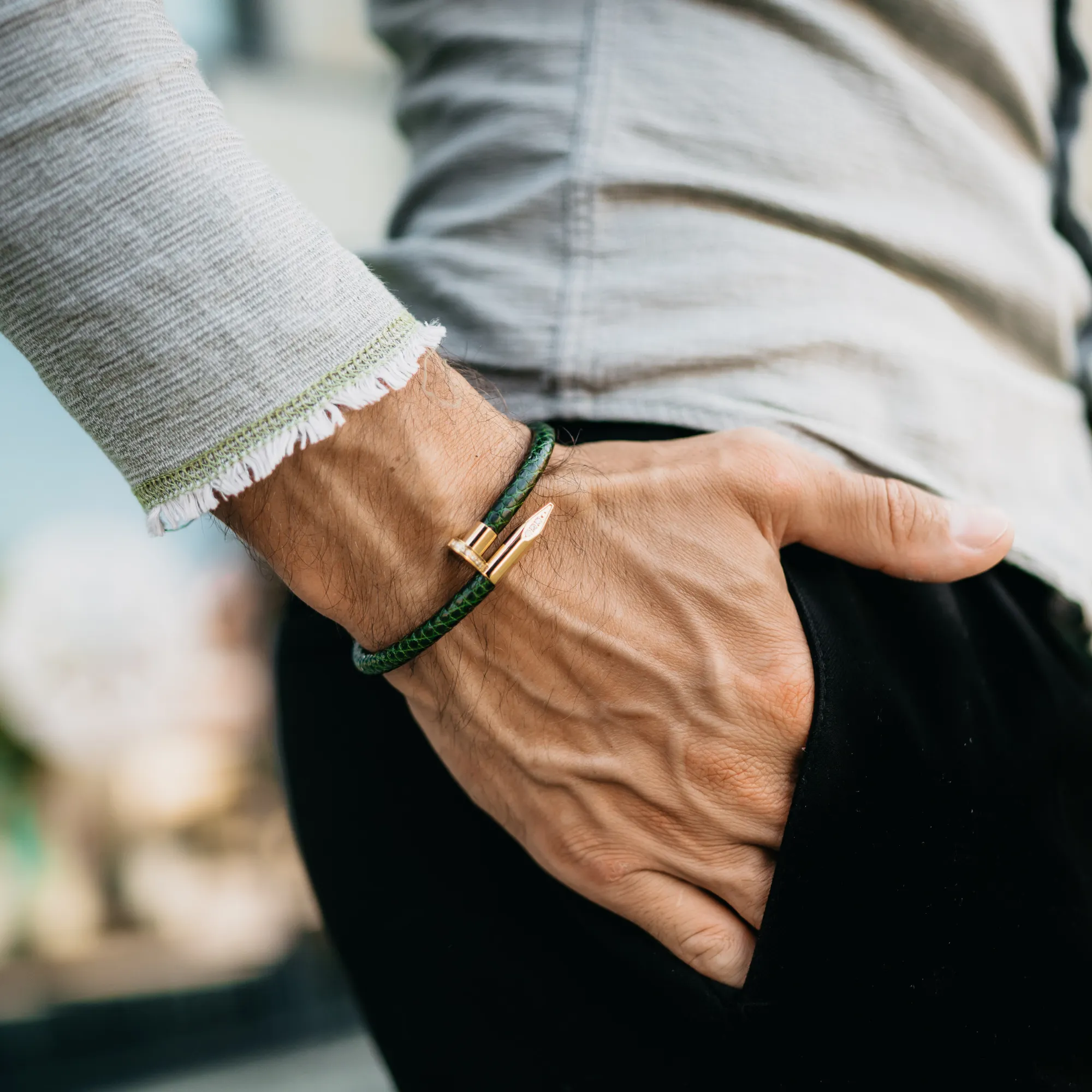 Bracelet - Green Leather with Golden Nail and Zircon