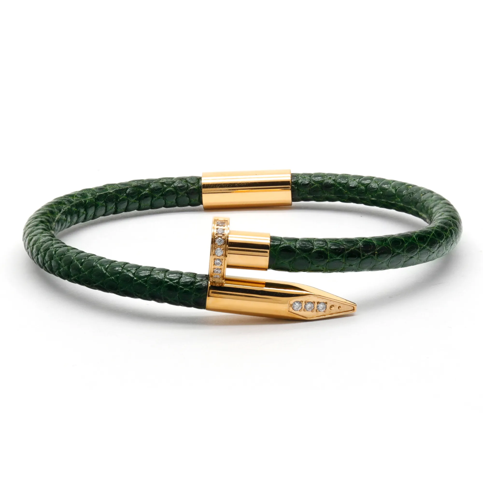 Bracelet - Green Leather with Golden Nail and Zircon