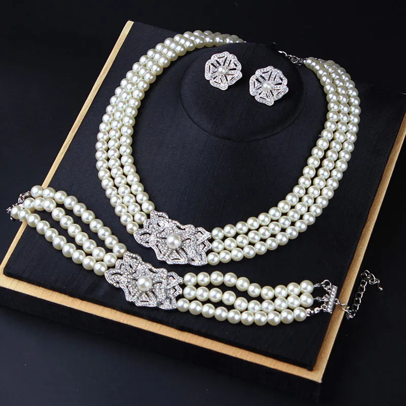 Brides pearl necklace earrings bracelet three-piece set versatile temperament wedding dress