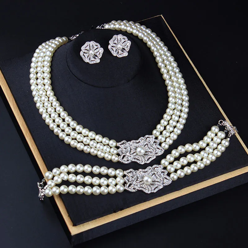 Brides pearl necklace earrings bracelet three-piece set versatile temperament wedding dress