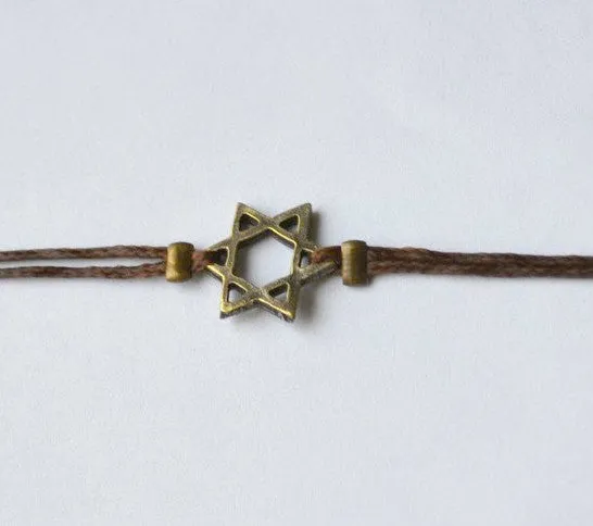 Bronze Star of David bracelet for men, brown cord, Jewish gift for him from Israel