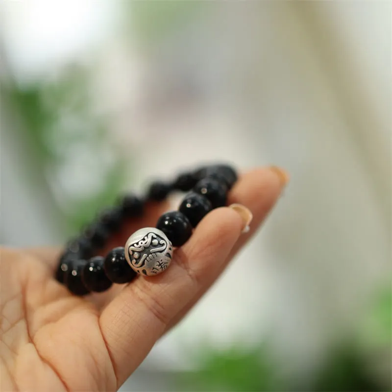 Buddha Stones 925 Sterling Silver Black Onyx Bead Character Engraved Protection Bracelet