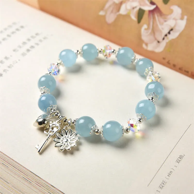 Buddha Stones 925 Sterling Silver Natural Aquamarine Serenity Flower Love Key Charm Bracelet