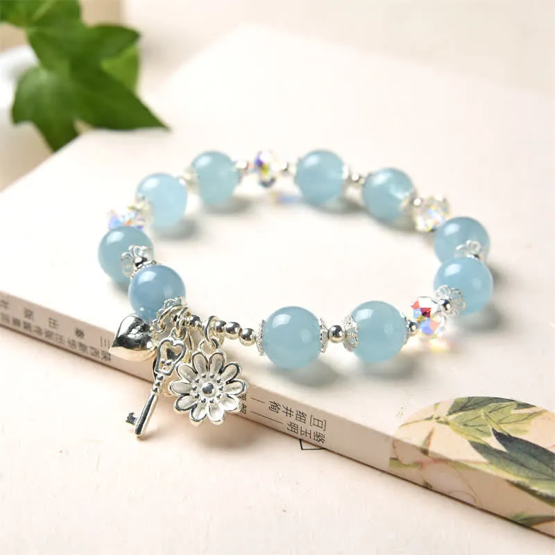 Buddha Stones 925 Sterling Silver Natural Aquamarine Serenity Flower Love Key Charm Bracelet