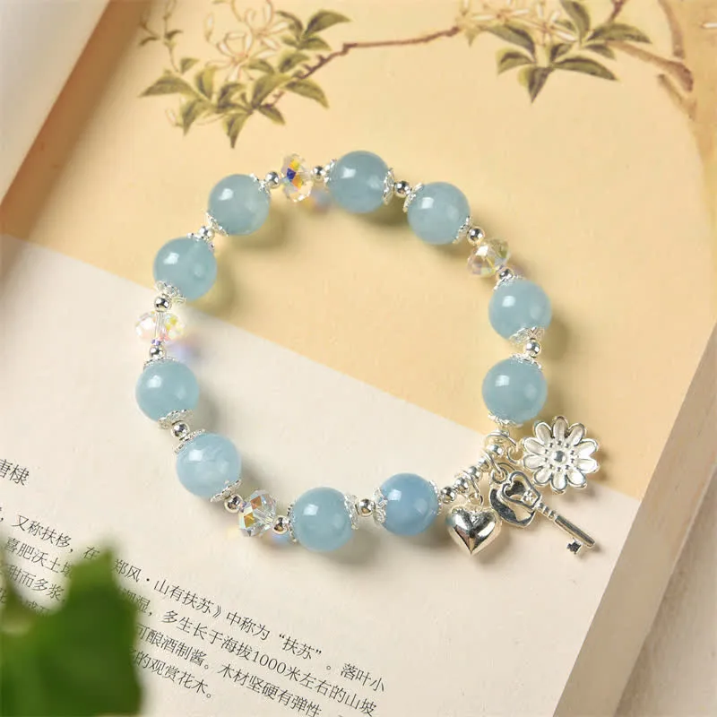 Buddha Stones 925 Sterling Silver Natural Aquamarine Serenity Flower Love Key Charm Bracelet