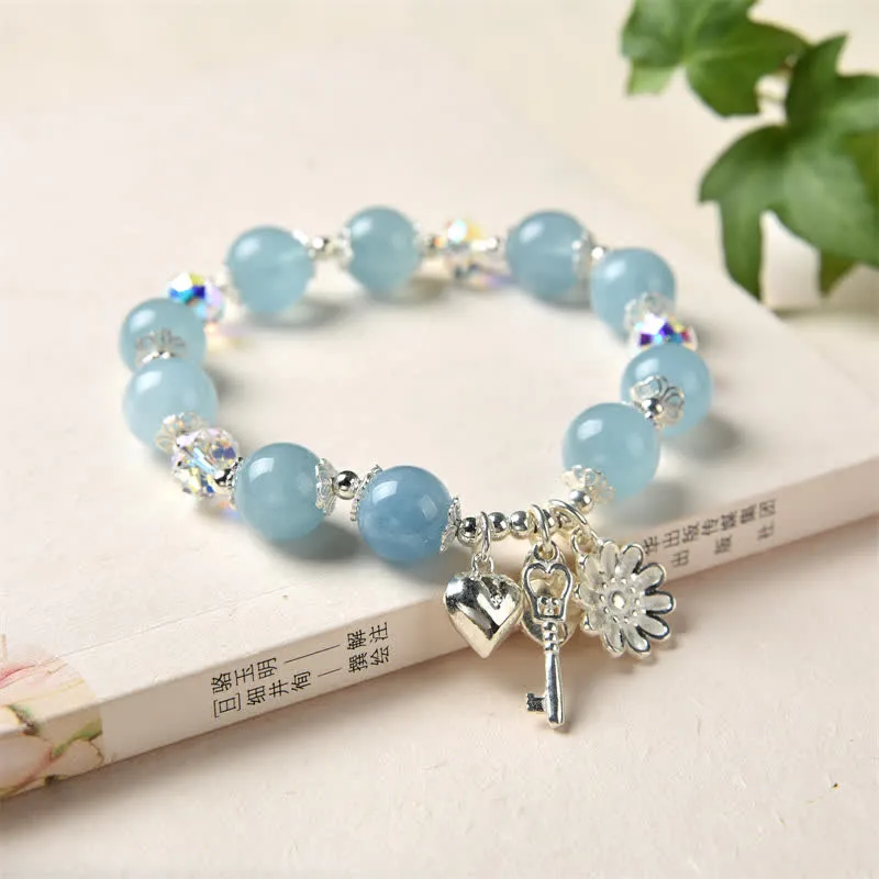 Buddha Stones 925 Sterling Silver Natural Aquamarine Serenity Flower Love Key Charm Bracelet