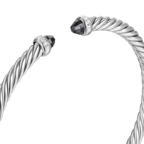 Cablespira Flex Bracelet in Sterling Silver with Black Onyx and Diamonds, 4mm, Size Medium