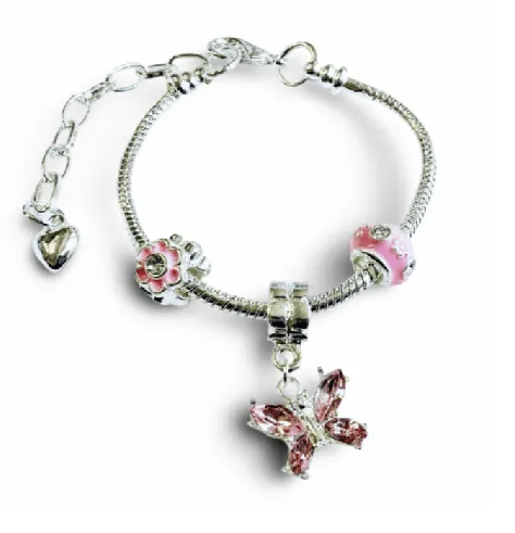 Children's Adjustable Pink 'Butterfly Wishes' Silver Plated Charm Bead Bracelet