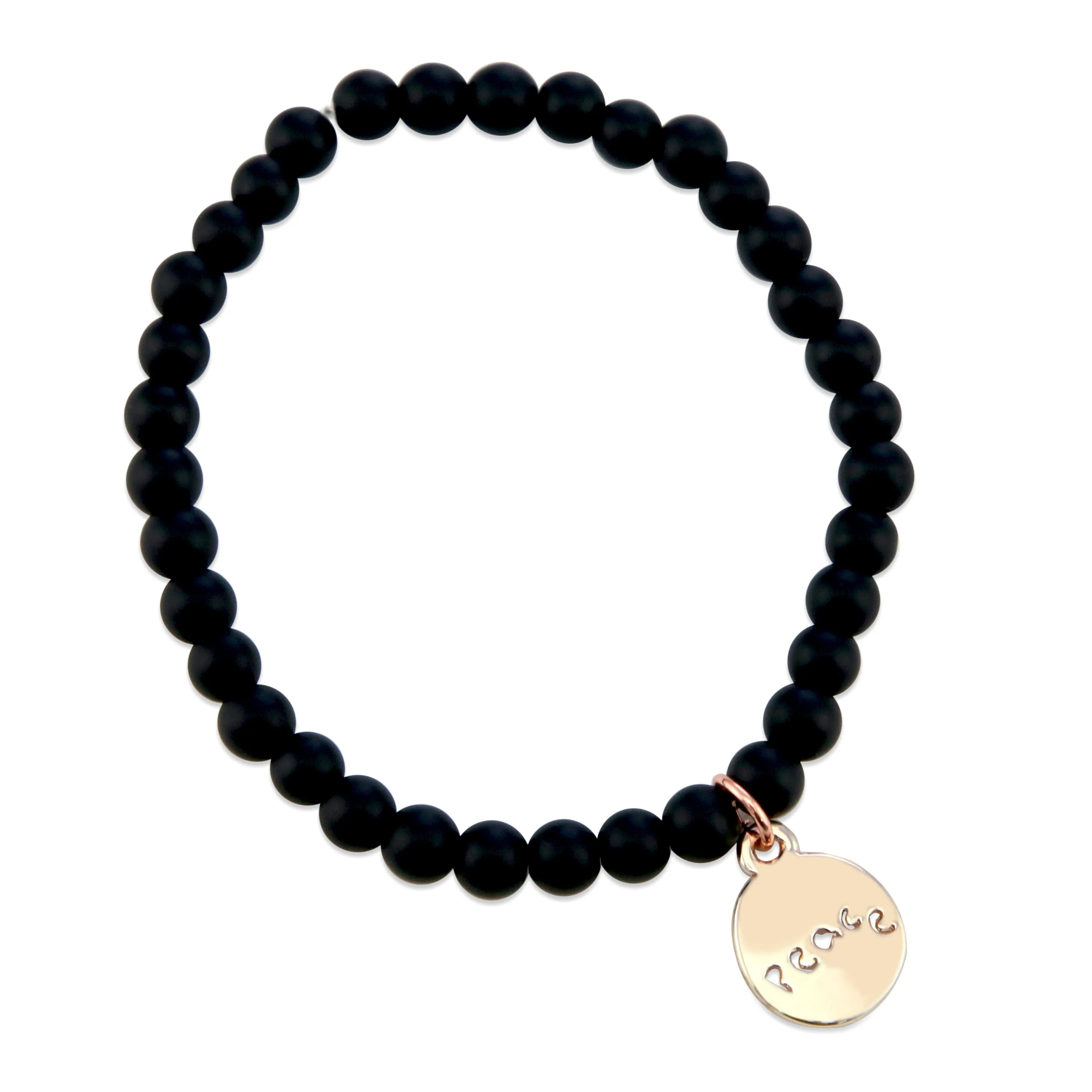 Christmas Bracelet  - Matt Black Onyx 6mm Bead Bracelet with Rose Gold Word Charm