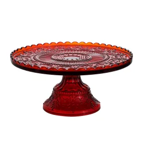 CHUI 12 Inch Red Glass Cake Stand, Pedestal Plate, Vintage