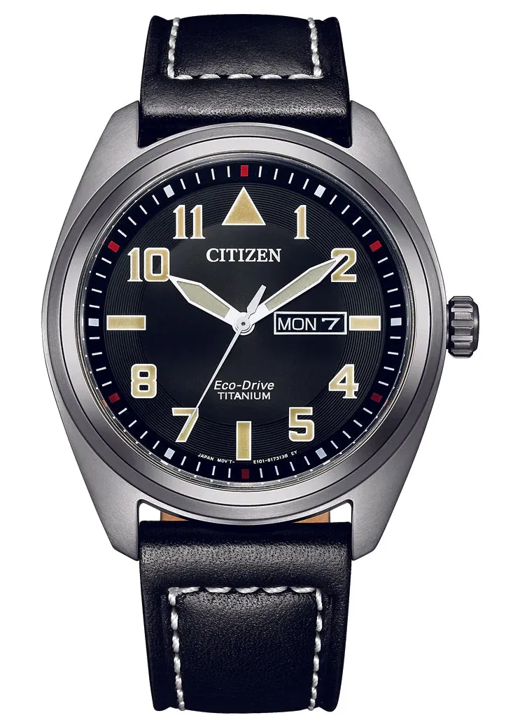 CITIZEN GENTS ECO-DRIVE TITANIUM CASE BLACK LEATHER BAND BM8560-29E