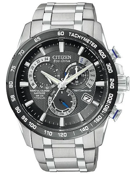 Citizen Mens Perpetual Chrono AT Titanium - Blue Accents - Black Dial - Bracelet