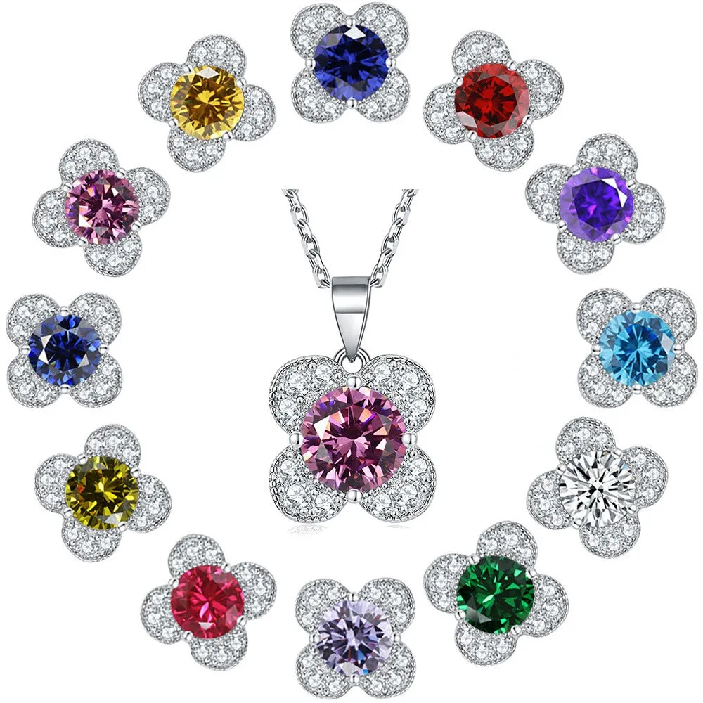 Colourful Zircon Clover Pendant Silver Necklace for Women