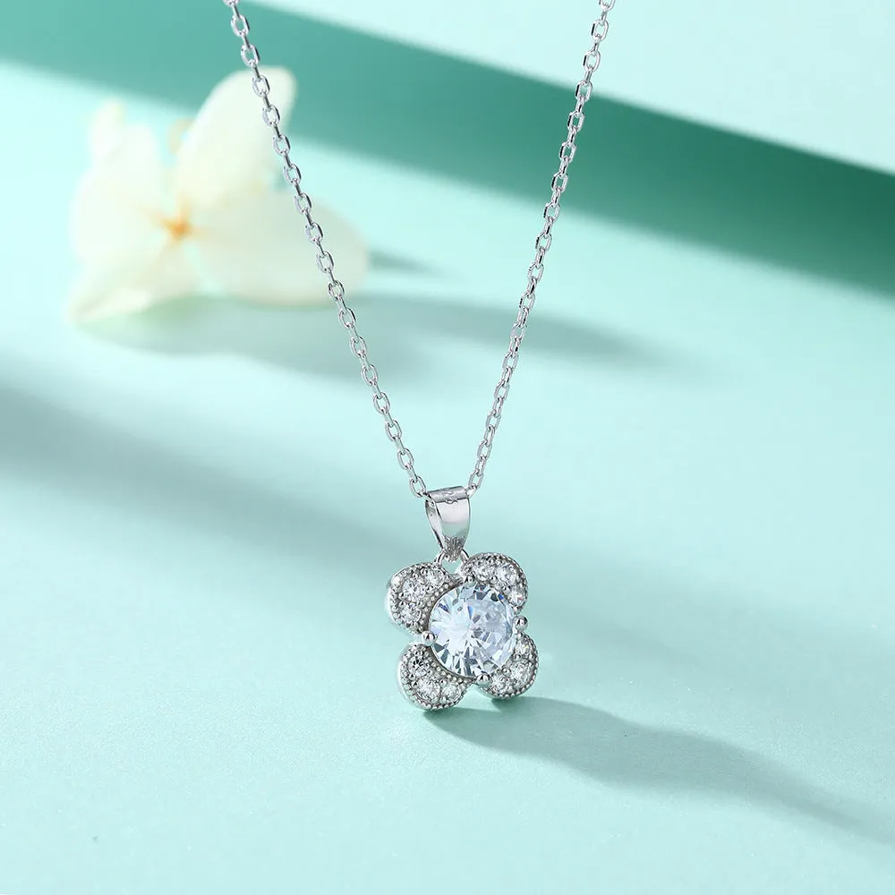 Colourful Zircon Clover Pendant Silver Necklace for Women