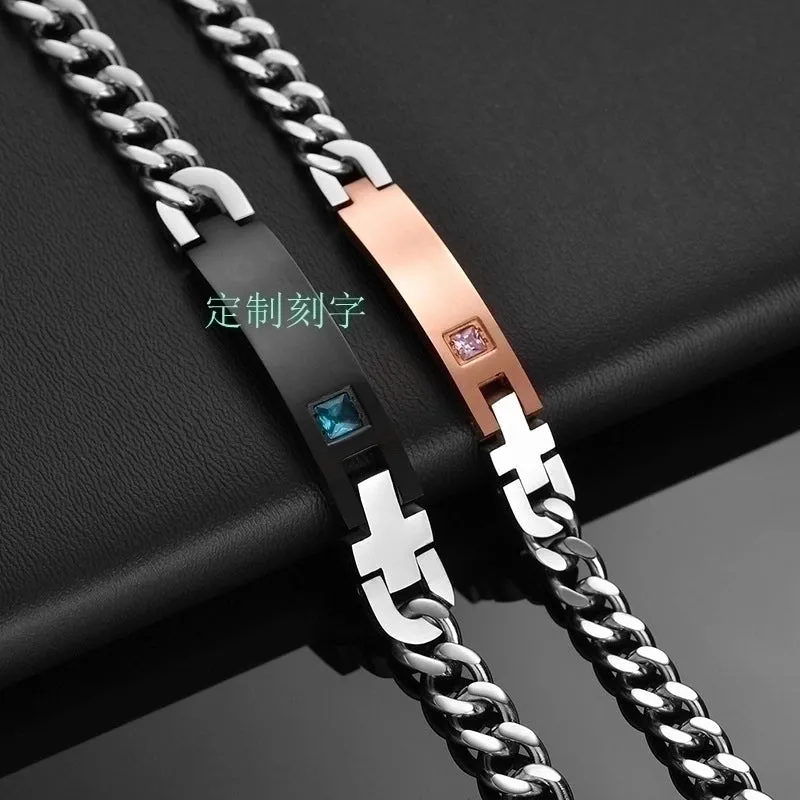 Cross-border E-commerce Ornament Wholesale European And American Hot Titanium Steel Zircon Couple Id Bracelet King Queen Crown Bracelet