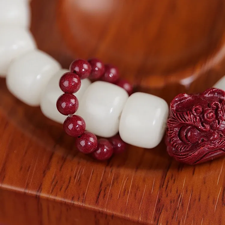 Cultural Sterling Silver Bracelet Featuring Chinese-Style White Jade and Cinnabar Lion Dancing Men's and Women's Beads