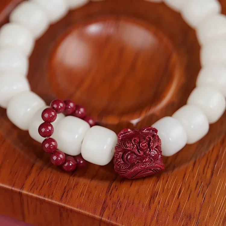 Cultural Sterling Silver Bracelet Featuring Chinese-Style White Jade and Cinnabar Lion Dancing Men's and Women's Beads