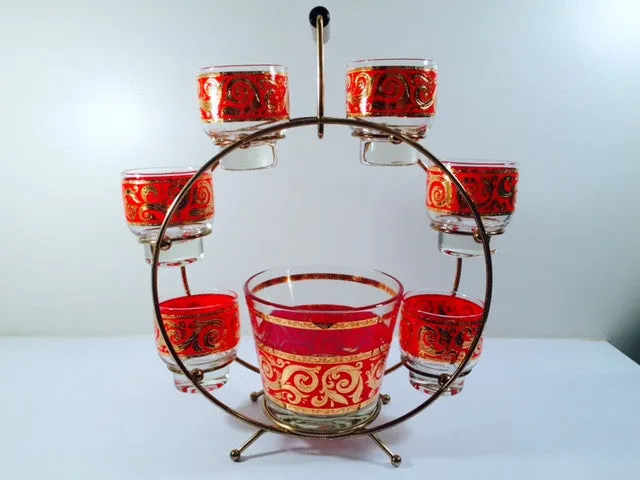 Culver - Mid-Century 22-Karat Gold & Red Paisley Ferris Wheel Drink Set (6 glasses, Ice Container, Carrier)