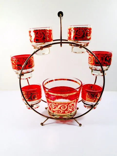 Culver - Mid-Century 22-Karat Gold & Red Paisley Ferris Wheel Drink Set (6 glasses, Ice Container, Carrier)