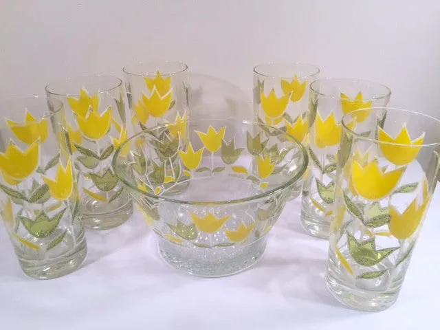 Culver Signed Mid-Century Yellow and Green Tulip Set (6 Glasses and Ice Container)